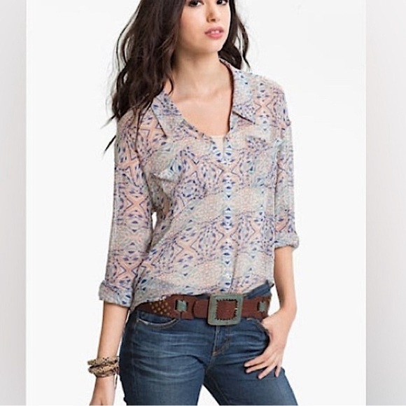 Free People Easy Rider Geometric Chiffon Button Front Blouse Women's Sz S - Picture 1 of 11